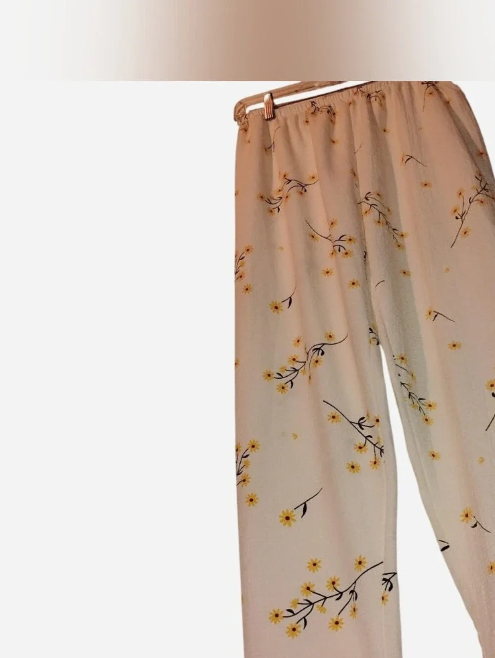 Floral Pajama Pants Large White Yellow Daisy Plisse Seersucker Wide Leg Lounge